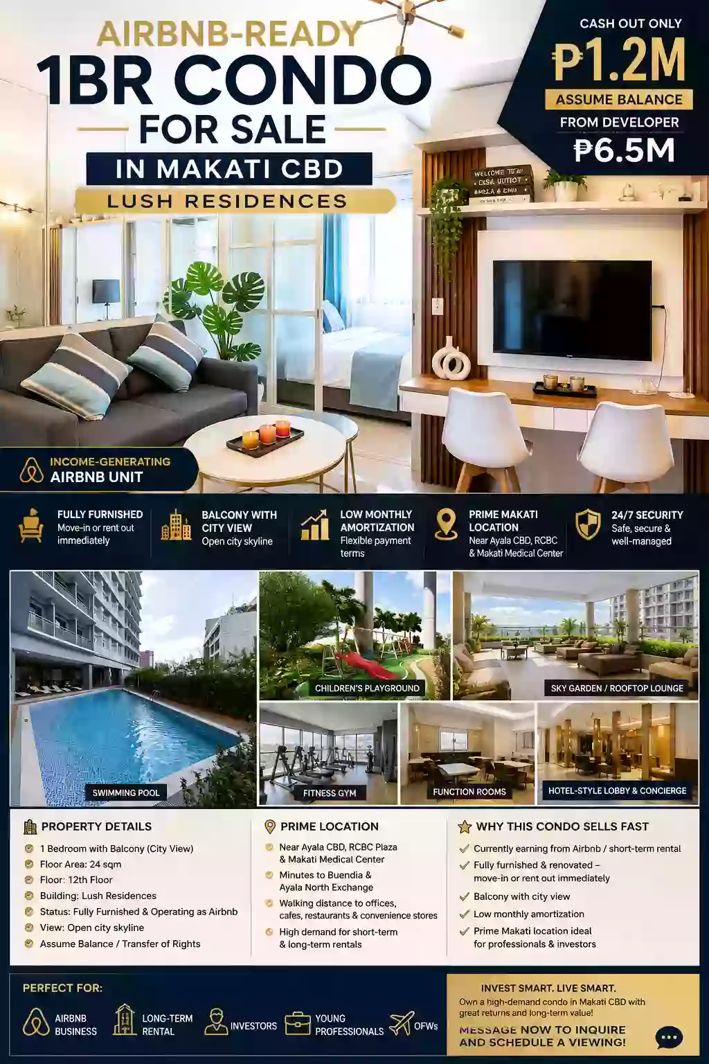 1BR Condo Lush Residences Makati for only 1.2M Cashout,24sqm