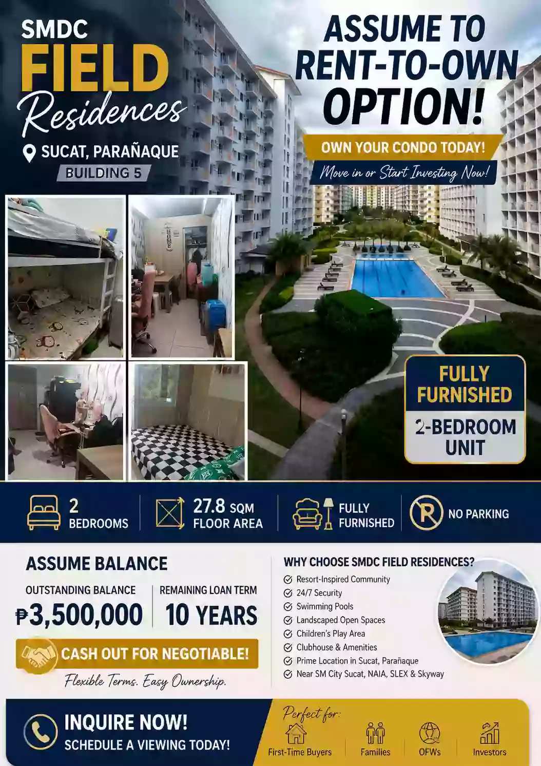 For Assume: Condo in SMDC Residences, Rent to Assume or Option, 27.8sqm