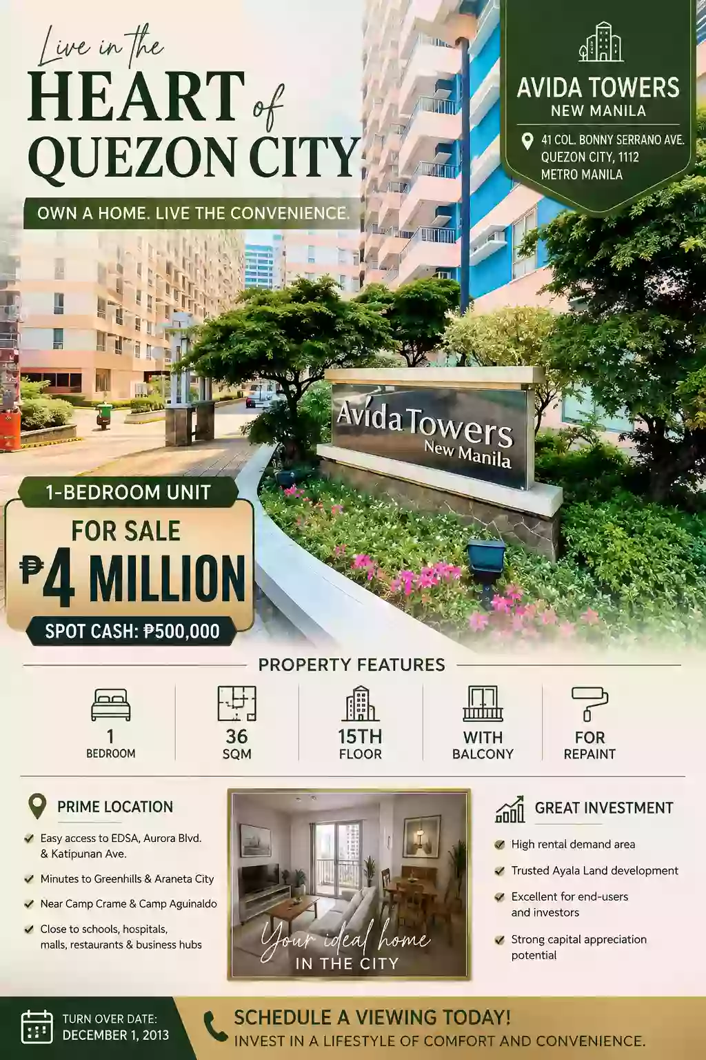 For Sale: 1BR Condo in Bagong Lipunan Ng Crame, Quezon City — 36 sqm