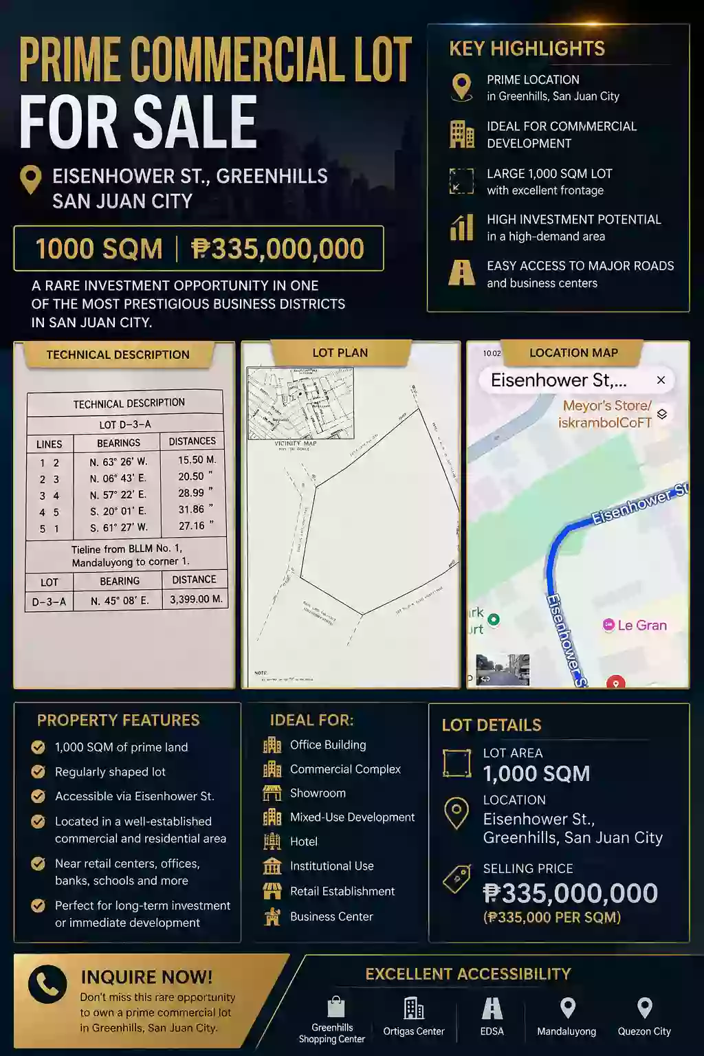 For Sale: Commercial Lot in Greenhills, San Juan City — 1,000 sqm