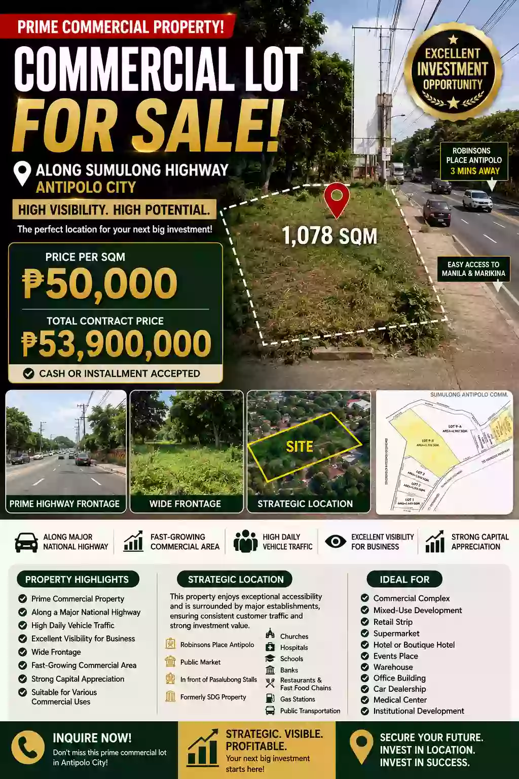 FOR SALE: 1078 sqm Commercial Lot in Dela Paz (Pob.), Antipolo