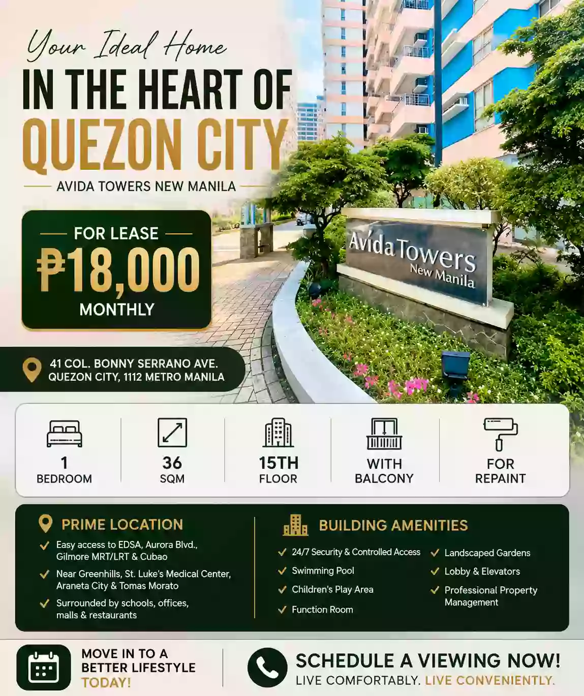 FOR LEASE: 1BR Condo in Bagong Lipunan Ng Crame, Quezon City — 36 sqm