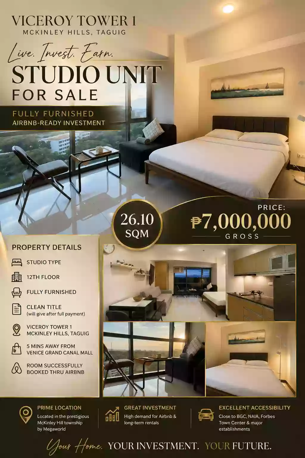 Studio Unit in Viceroy Tower 1 for only 7M Gross, 26.10sqm