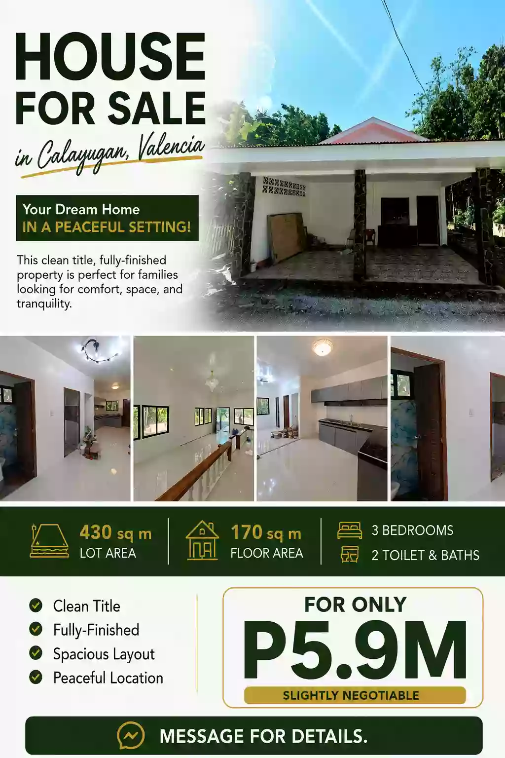 Rush Sale: 3BR House and Lot in Calayugan, Valencia — 430 sqm