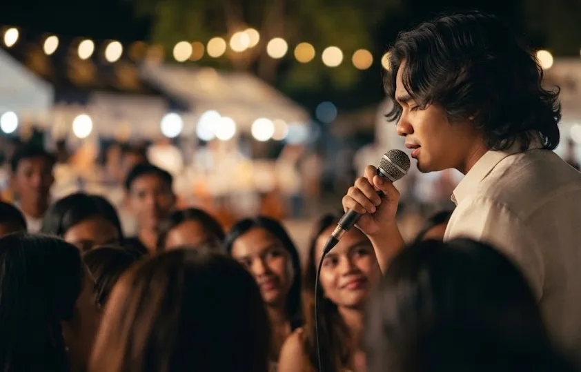 A young man singing in front of the crowd.