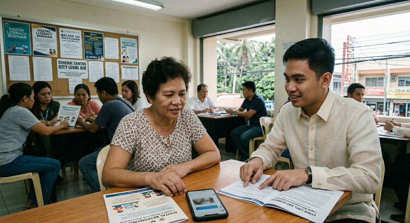 A young man and an older woman discuss legal and digital responsibility documents at a legal aid center in General Santos