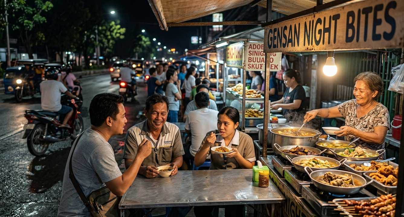 A vibrant evening food stall in General Santos City.