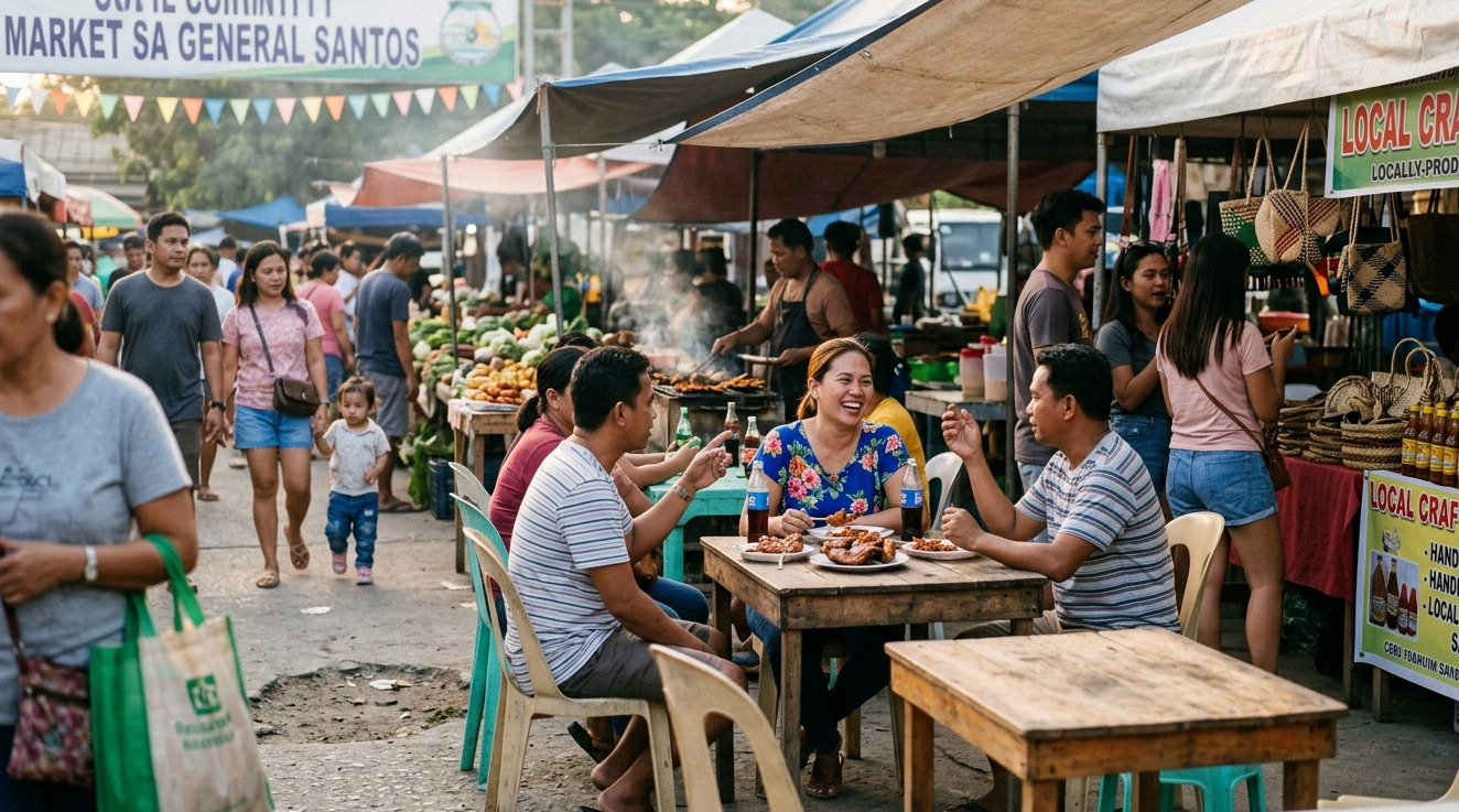 A vibrant weekend community market in General Santos City, where residents gather at local food stalls and seating areas to connect and socialize.