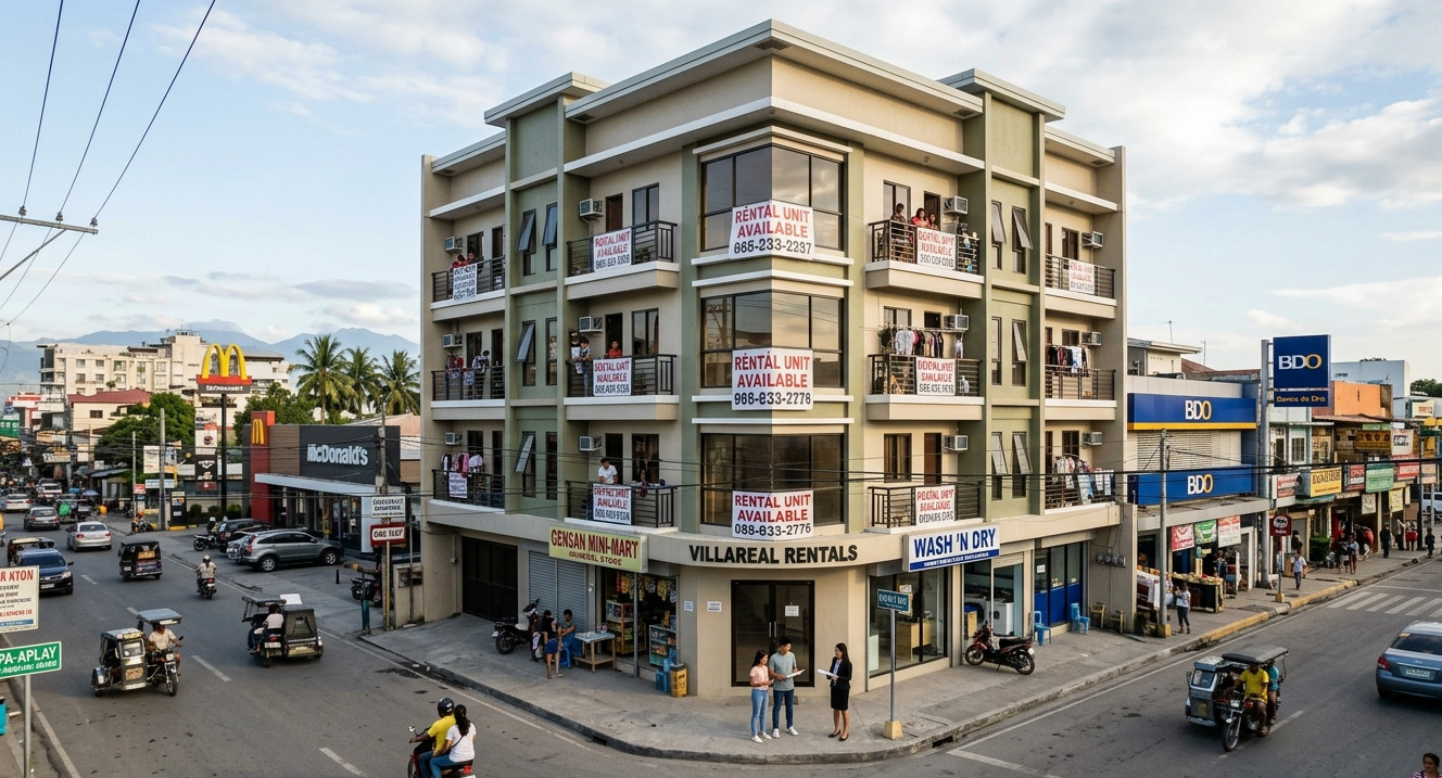 A multi-story rental building in a busy commercial district of General Santos.