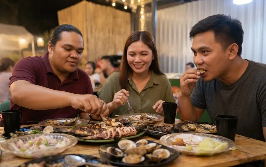 Friends enjoying a seafood feast.