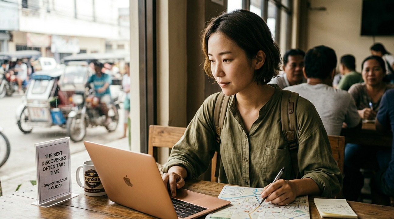 A long-term traveler works and plans her route from a local General Santos café, discovering meaningful experiences beyond a standard itinerary.