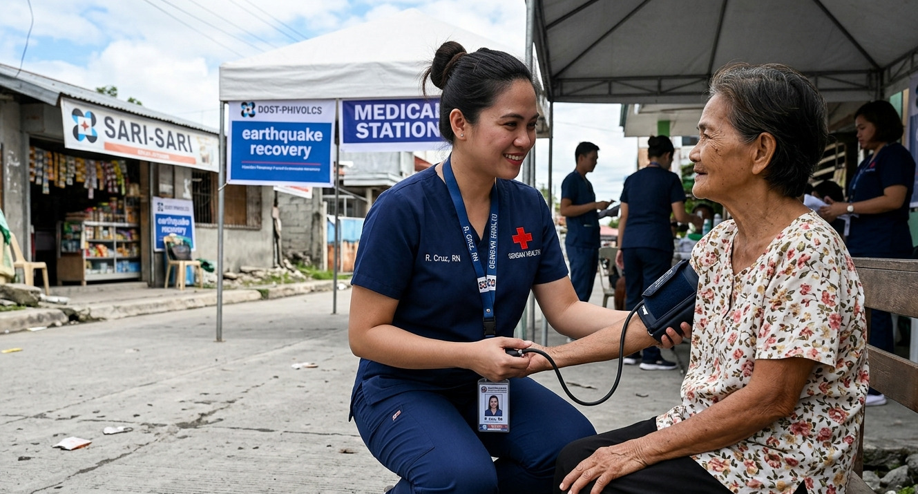 A healthcare worker checking a resident's blood pressure at a community medical station in General Santos City.