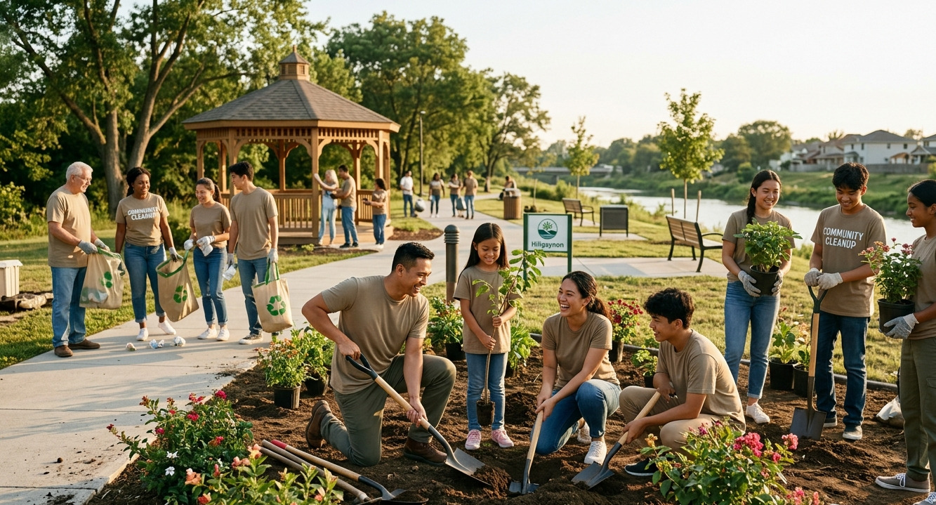 Volunteers of all ages working together on a community planting and cleanup project to beautify a public park.