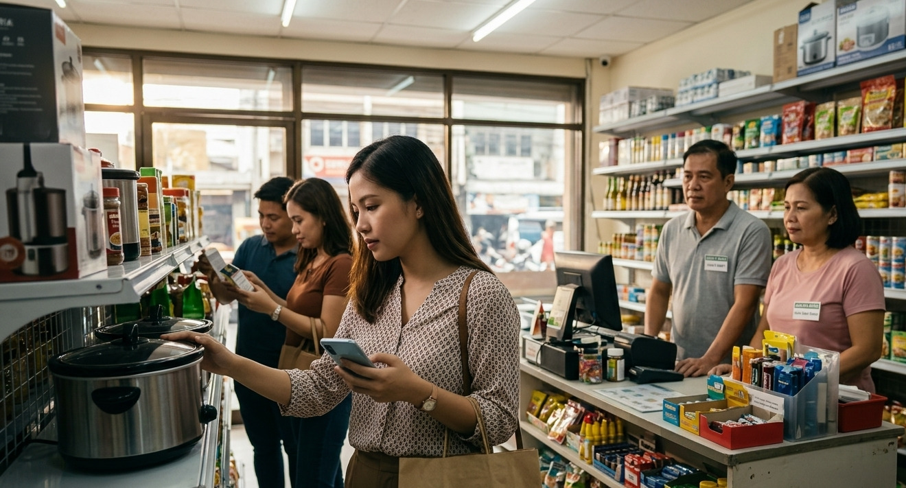 A shopper in General Santos compares prices on her phone while local retailers observe evolving consumer behavior.