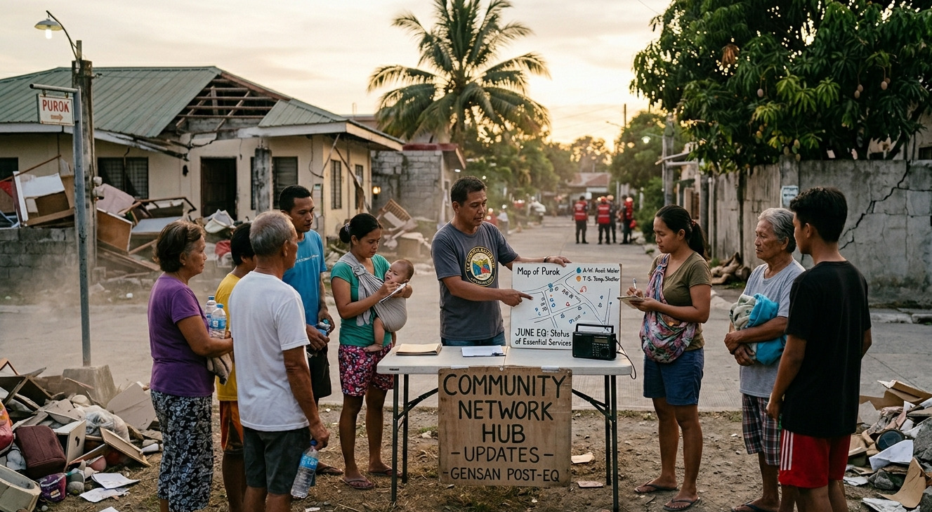 Residents in General Santos City gather at a local neighborhood information hub to receive vital updates and coordinate aid following the June earthquake.