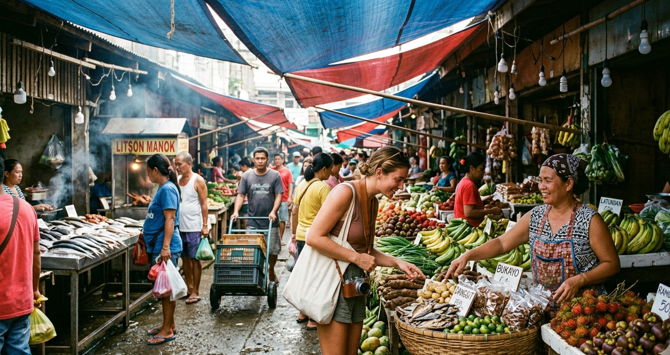 A traveler interacts with a local vendor amidst the vibrant colors and fresh flavors of an authentic Ozamiz market.
