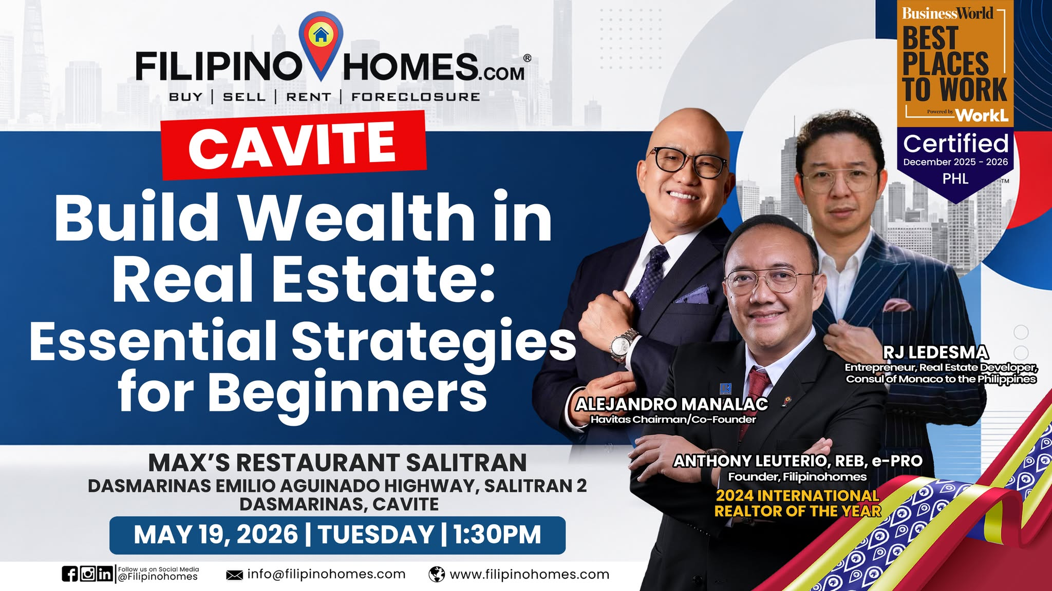 Three Real Estate Experts Lead Cavite Wealth Seminar May 19 at Max’s Restaurant Salitran, Dasmariñas