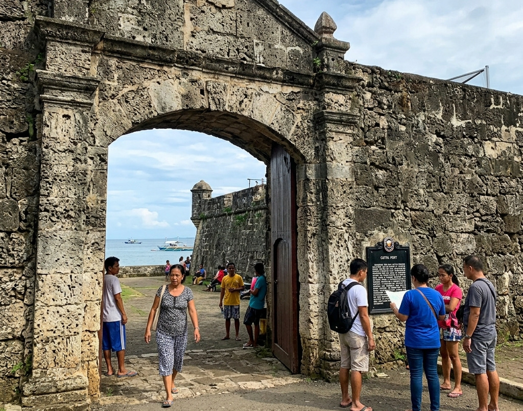 Residents and visitors mingle around the weathered coral stone entrance of Cotta Fort, where the past meets daily life in Ozamiz City.