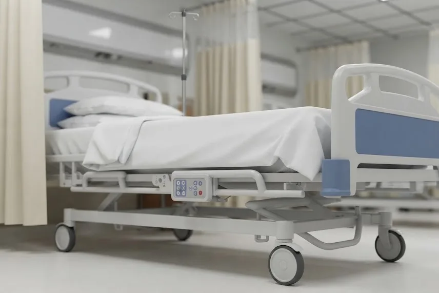 An empty hospital bed prepared for coming patients.