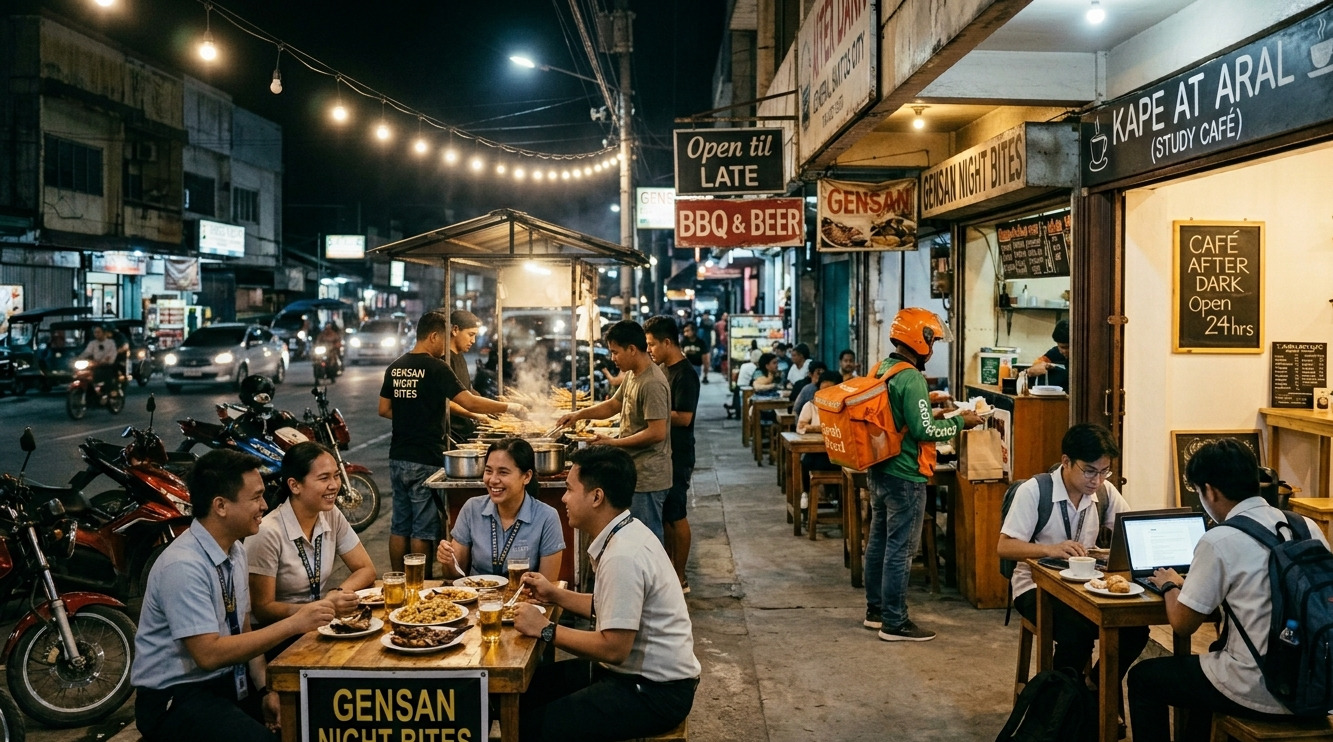Students and workers enjoying GenSan's growing late-night dining scene at a street-side cafe and grill.