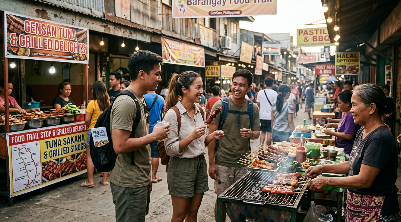 Three tourists enjoy local grilled tuna at a bustling night street food market in General Santos City.
