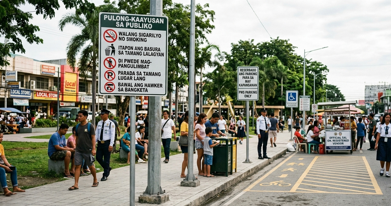 Pedestrians and vendors adhere to public space regulations marked by signs and road markings in General Santos City.