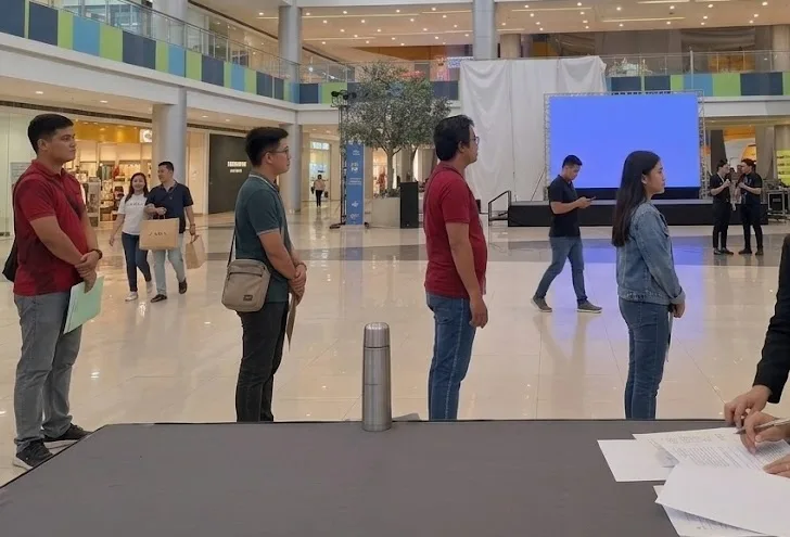 Job seekers line up for a job fair.