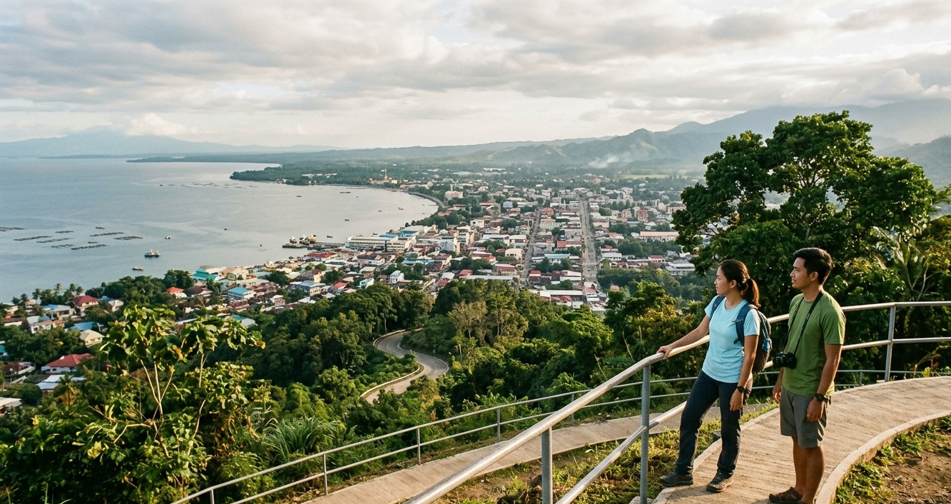 Two travelers pause along the walkway of Bukagan Hill, taking in the sweeping views of Ozamiz City and the coast below.