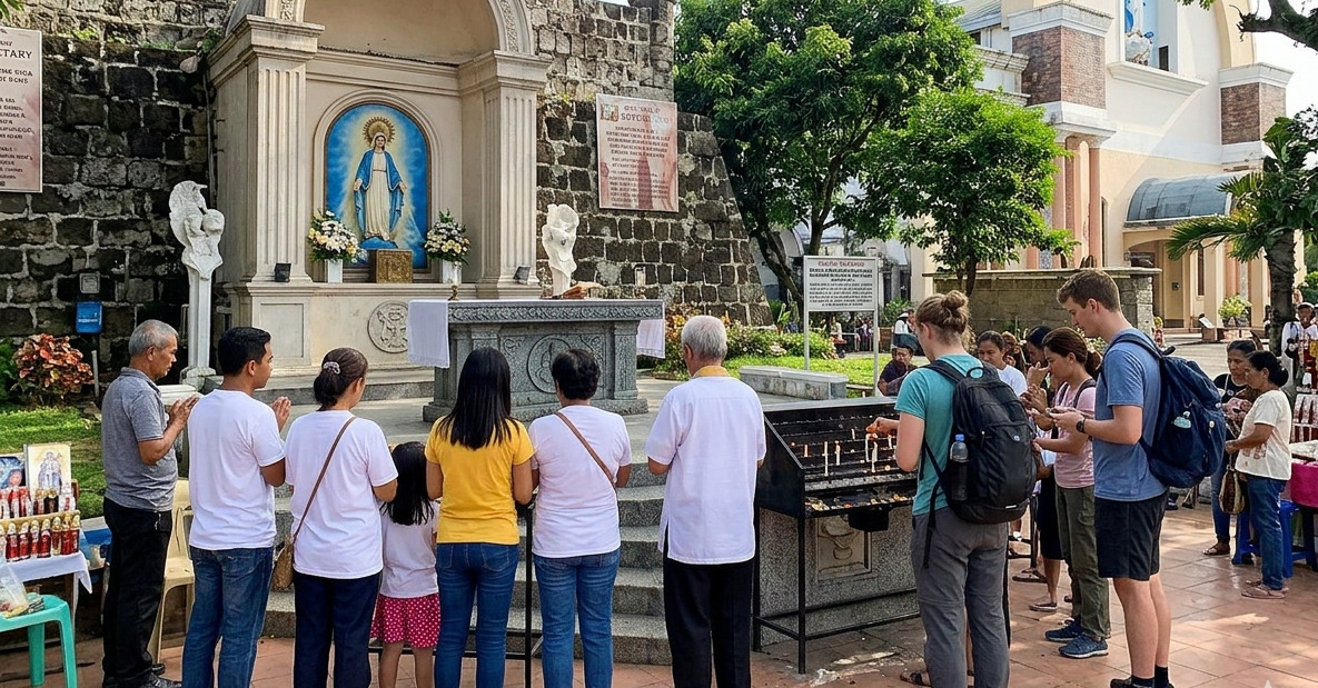 Pilgrims and visitors gather to light candles and pray at the Cotta Shrine, an important stop for faith tourism in Ozamiz City.
