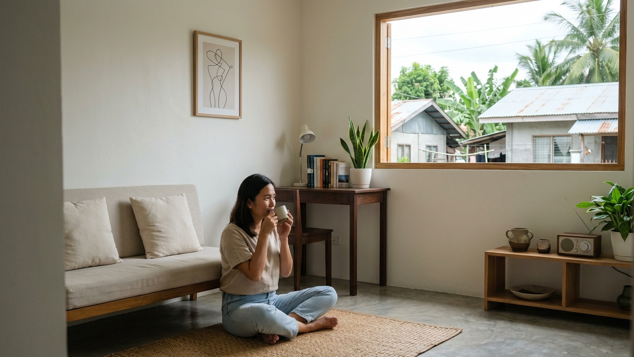 A resident of General Santos enjoying a moment of calm in a clutter-free, minimalist living space.