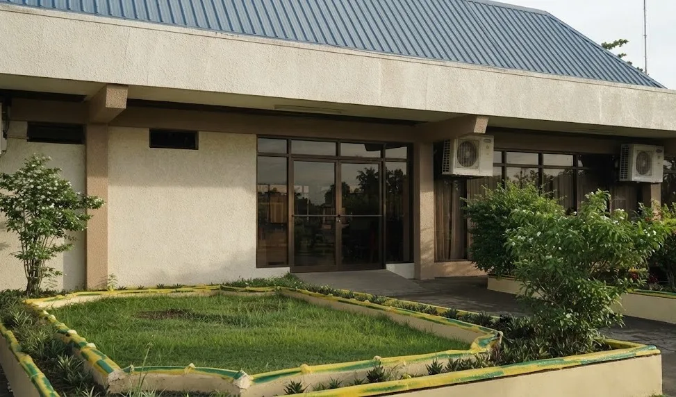 The familiar entrance to the local airport.