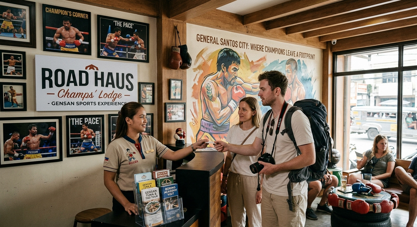 Visitors checking into a sports-themed lodge in General Santos City.