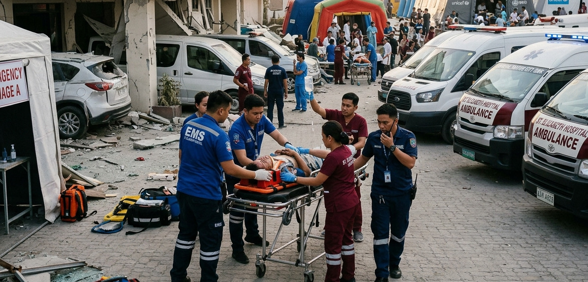 Emergency Medical Teams Respond Outside a Damaged Hospital in the Aftermath of an Earthquake.