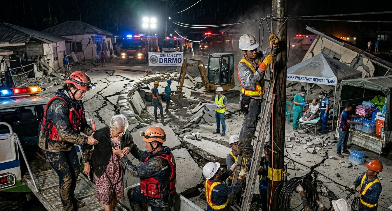 Coordinated disaster response efforts in General Santos City following a major earthquake.