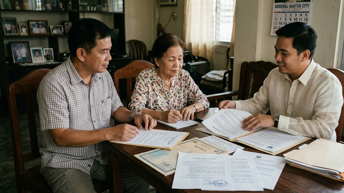 A Filipino family in General Santos City reviews land titles and estate planning documents with a legal professional.