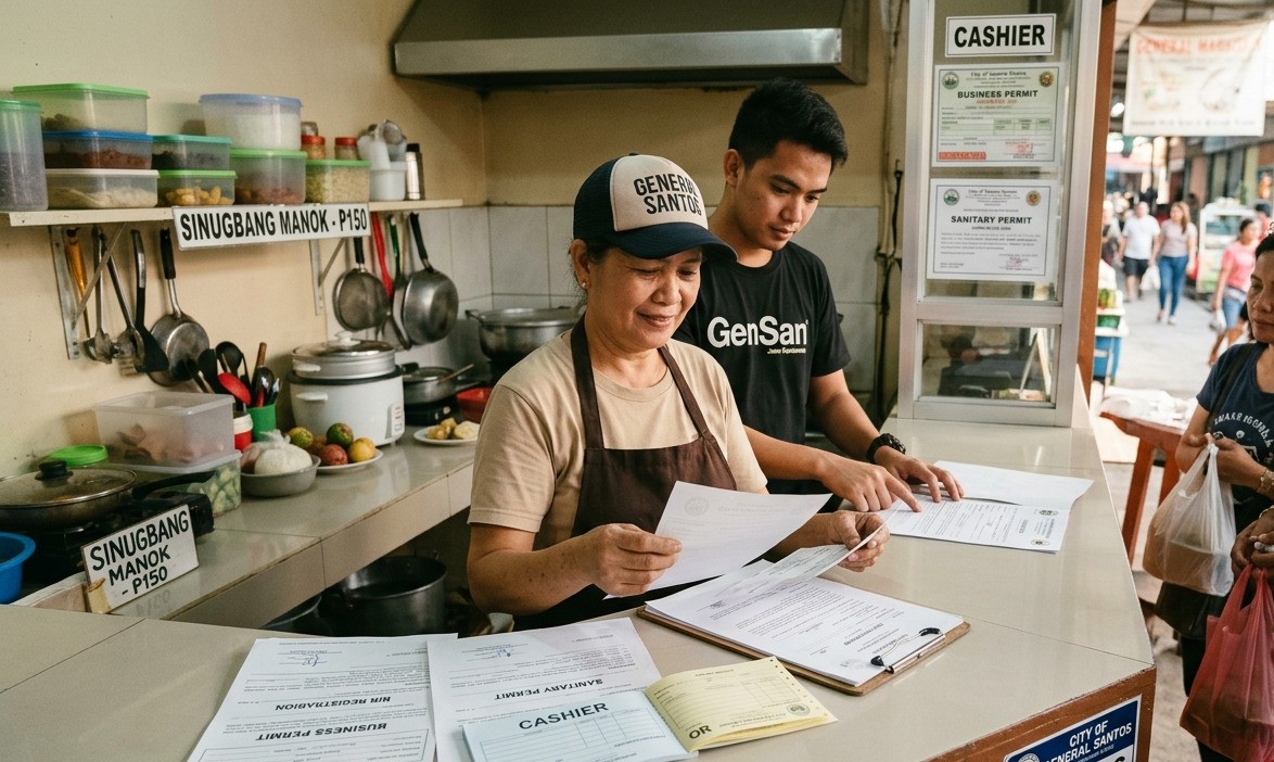 A food stall owner in General Santos City organizes business permits and documents.