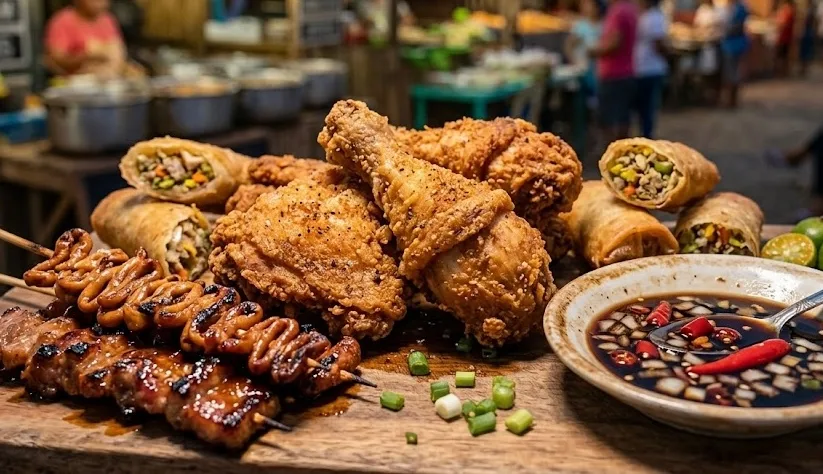 Common street foods on display by local businesses.