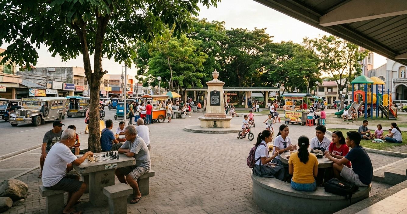 A vibrant afternoon at a public plaza in General Santos City, where residents of all generations gather, connect, and build community ties.