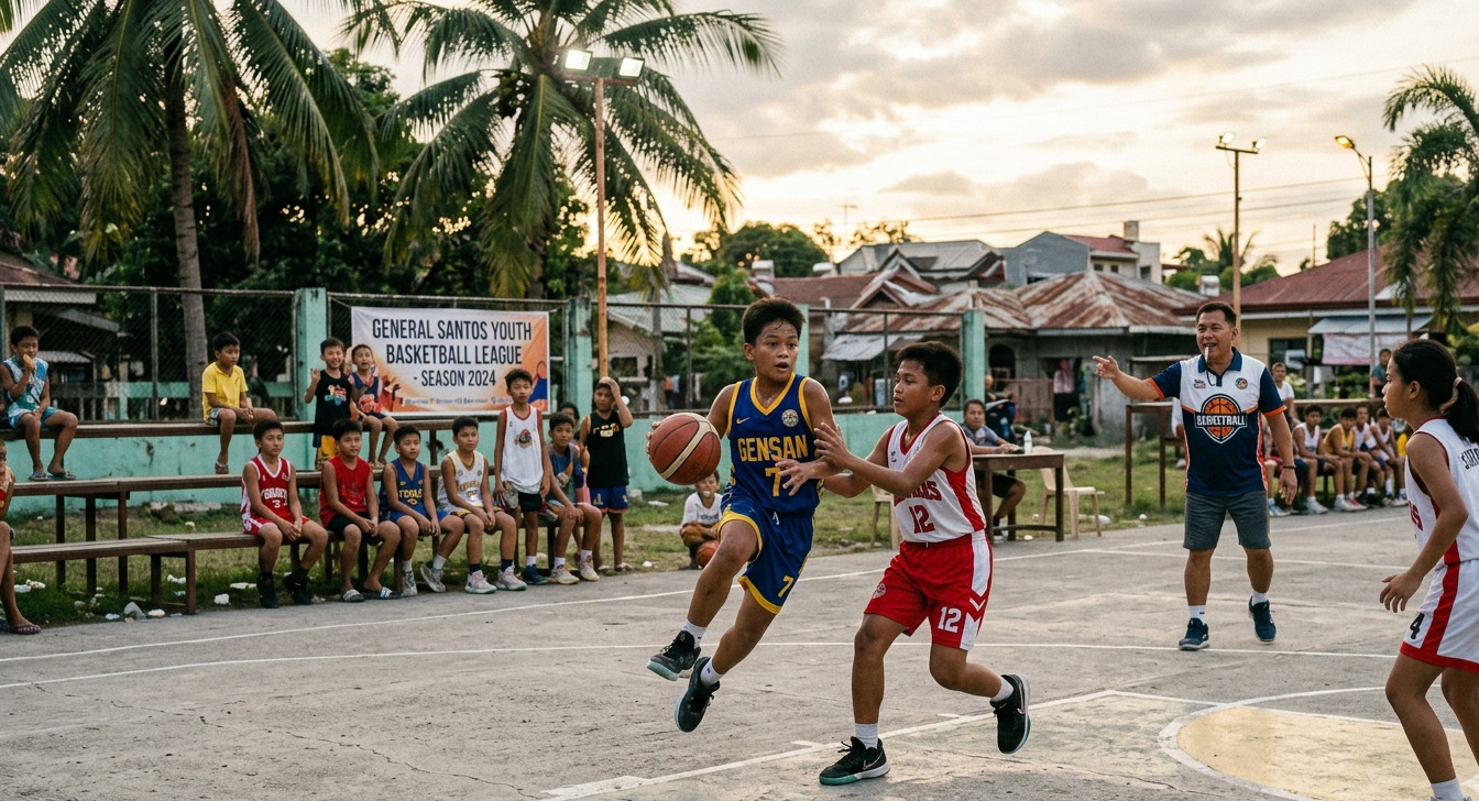 Young players compete in a local youth basketball league in General Santos City, developing athletic skills and teamwork.