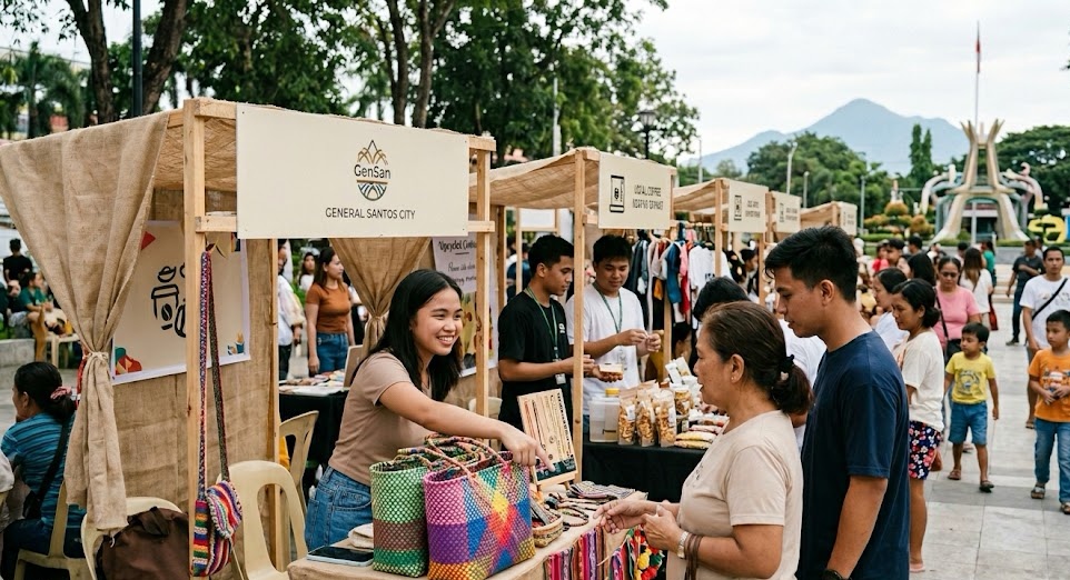 A vibrant outdoor market in General Santos City featuring young entrepreneurs selling local goods.
