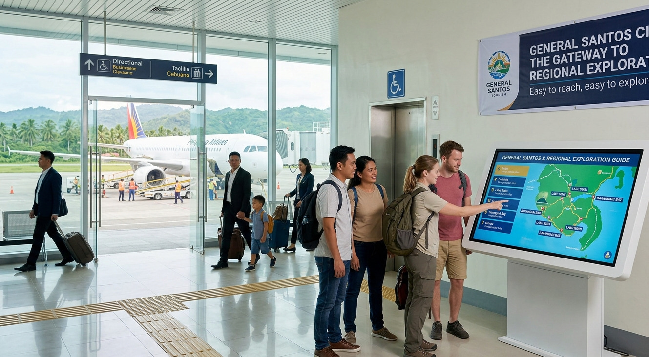 Travelers arriving at the General Santos City airport terminal using an interactive regional exploration guide.