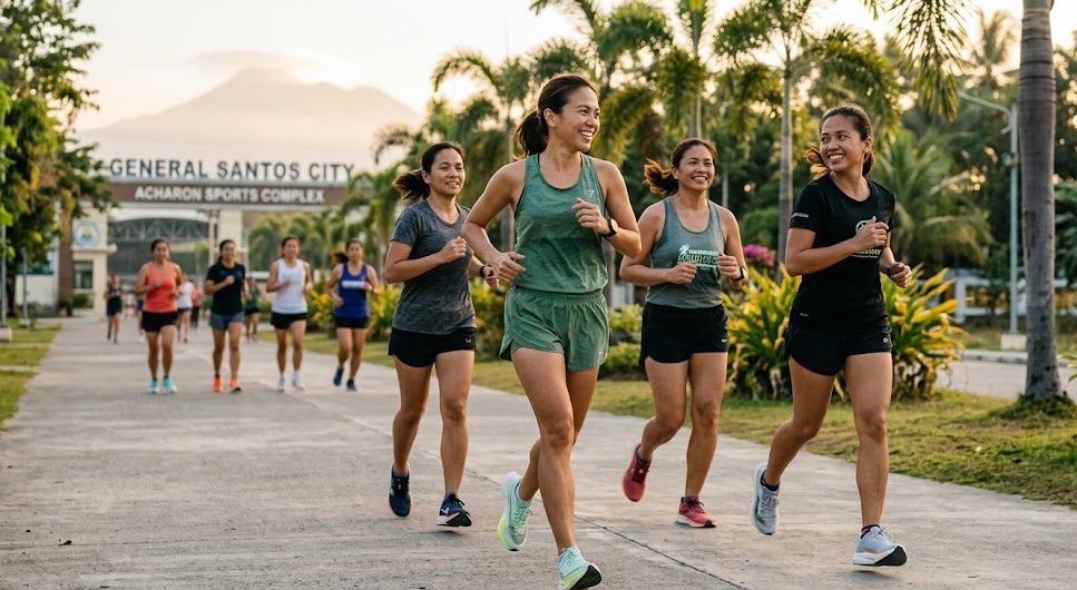 A group of women running together at the General Santos City Acharon Sports Complex.