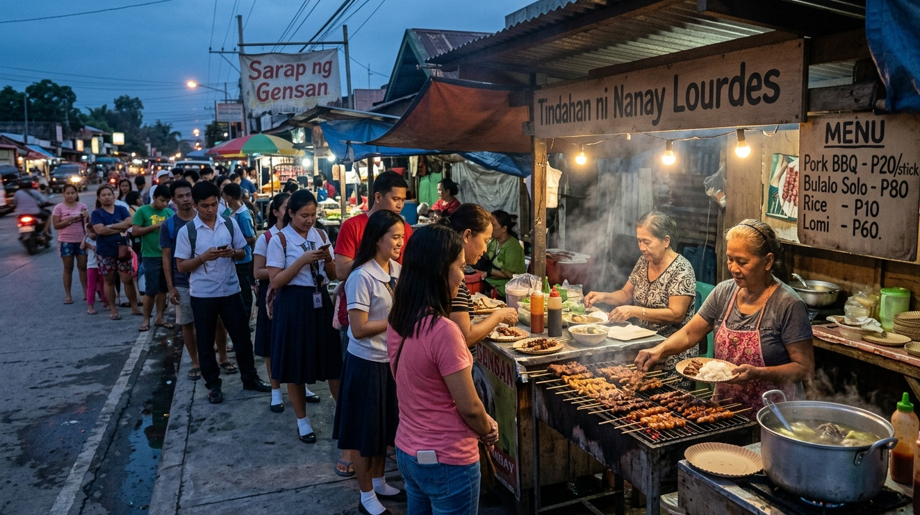 A long line of customers at a busy roadside food stall in GenSan, driven by affordable, familiar comfort food.