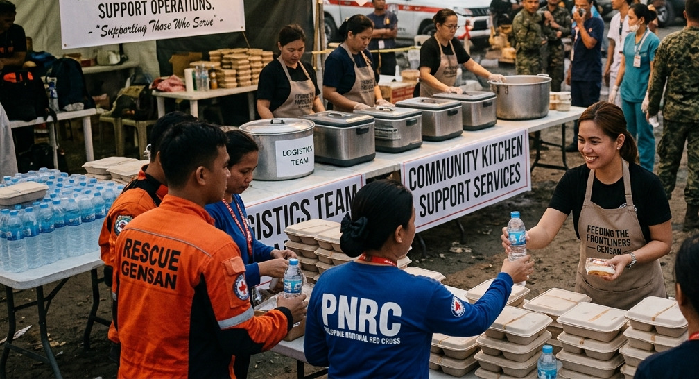 Volunteers and logistics teams distribute meals and water to emergency responders at a community kitchen support station in General Santos.