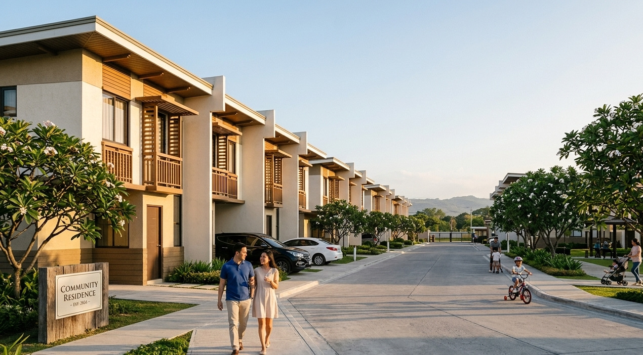Modern townhomes line a quiet street in a General Santos subdivision as a couple walks and children play nearby.