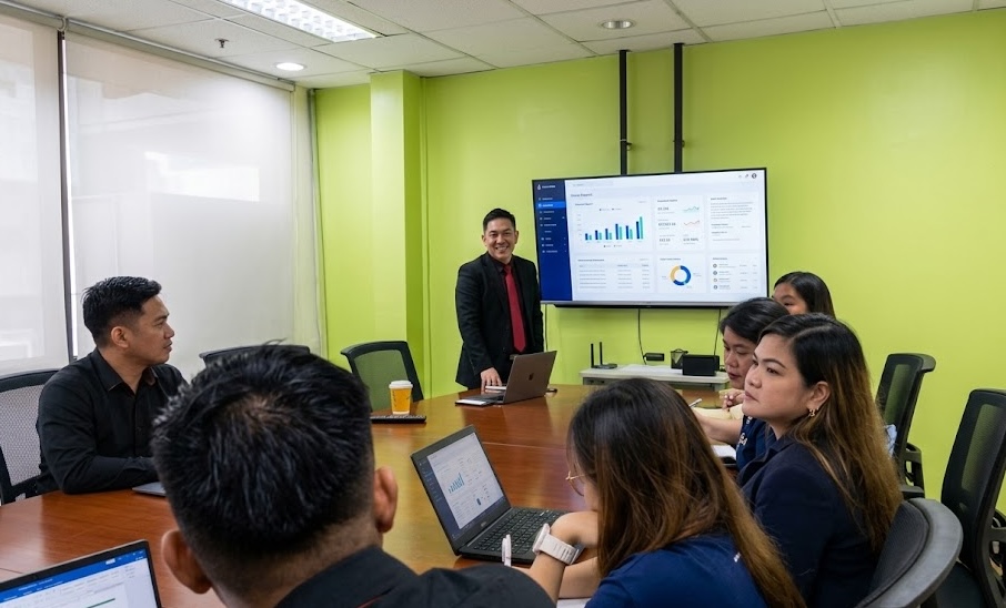 A group of entrepreneurs having a monthly meeting.