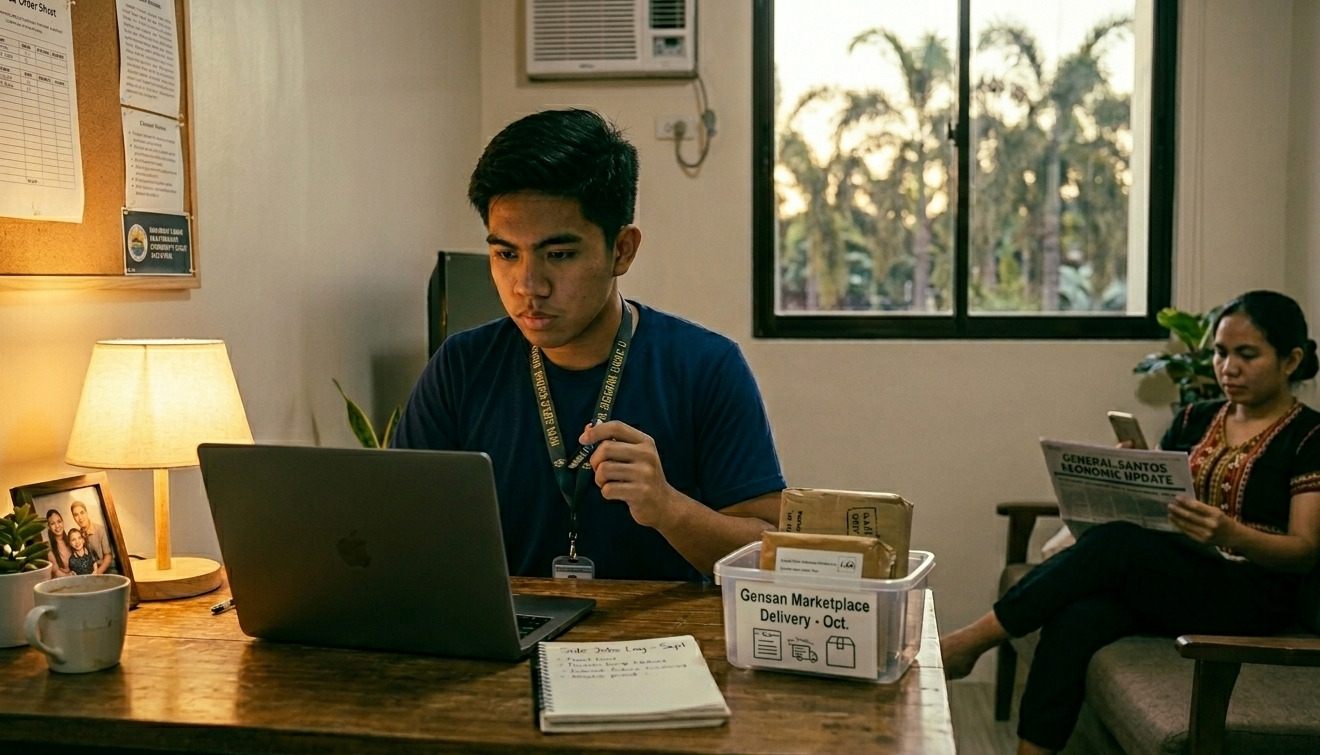 A worker in General Santos City manages a freelance side job on his laptop after regular office hours to build extra financial security.