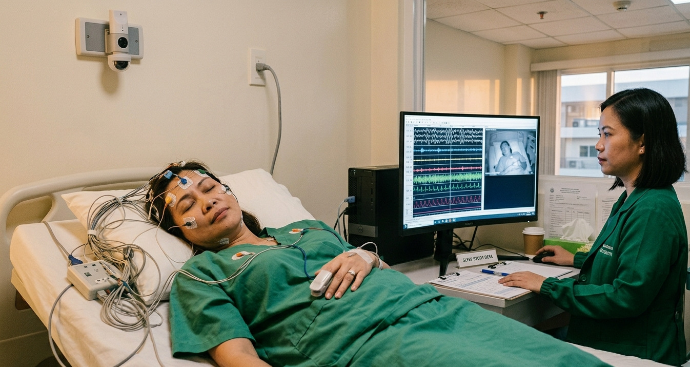 A clinical sleep study being conducted by a healthcare professional to monitor and assess a patient’s sleep health.