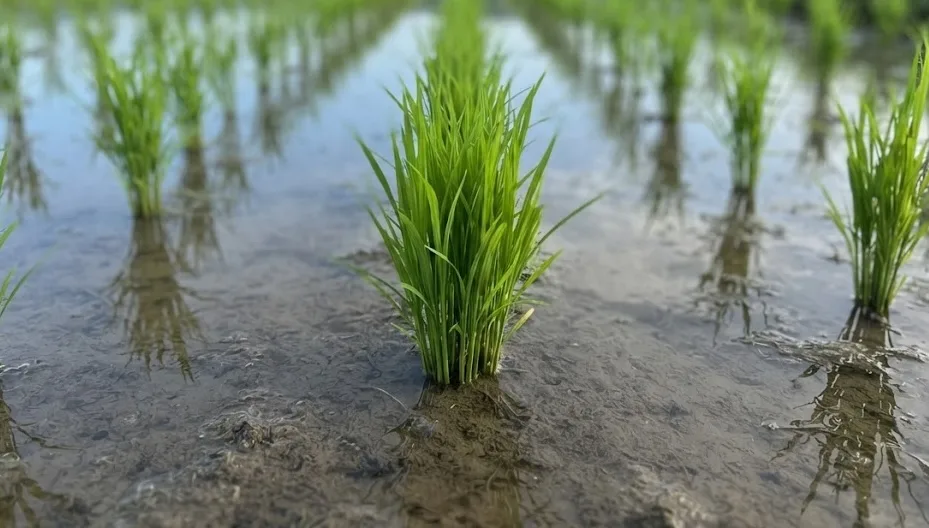 Rice plants growing in the field.