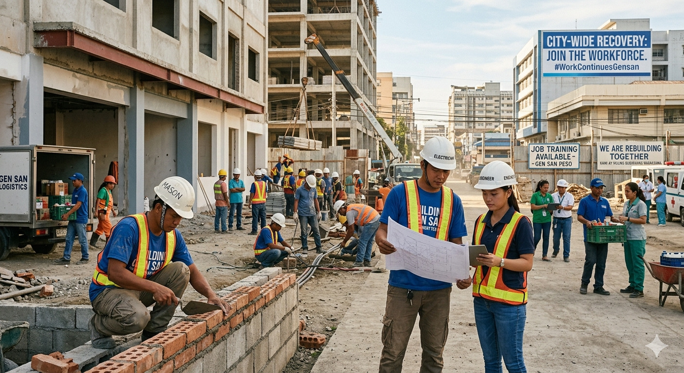 Skilled laborers and engineers work on structural repair and rebuilding projects, highlighting the shift toward workforce participation during the city's recovery mode.